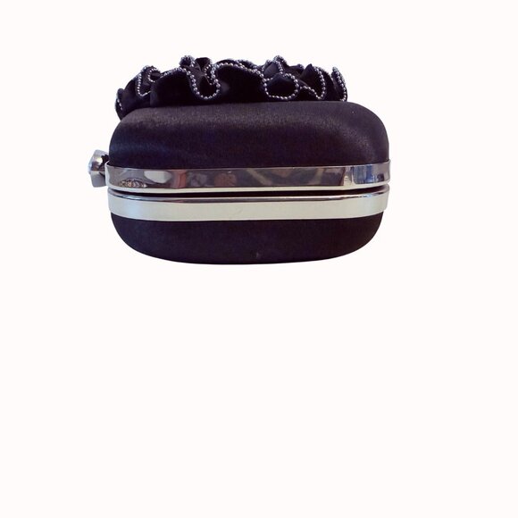 Charming Charlie Black Satin Clutch Purse Rhinestone Evening Bag Hard Case Ruffl - Picture 6 of 15